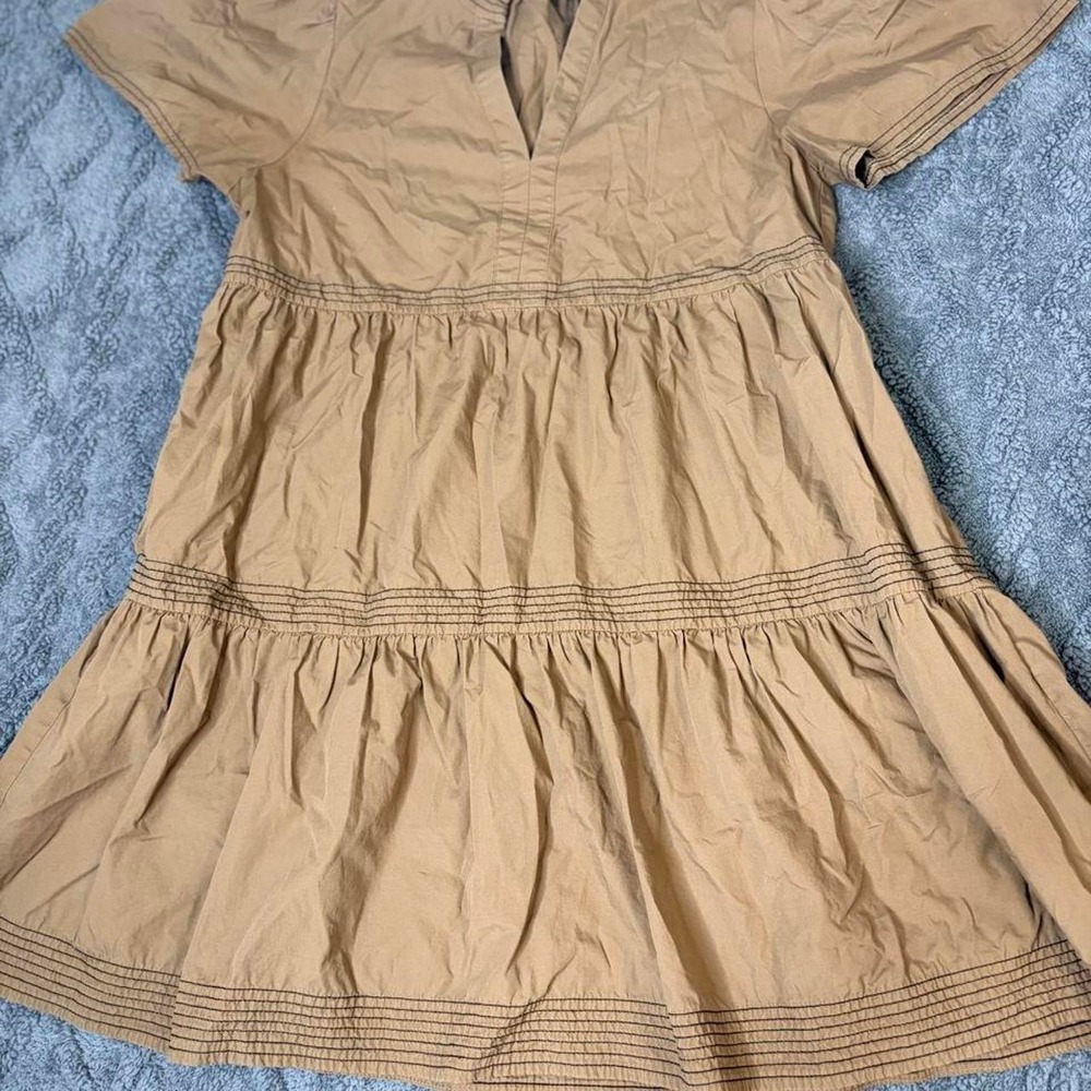 Sugar Lips Tan Mini Dress Black Stitching Tiered Babydoll V-Neck Brown Medium
